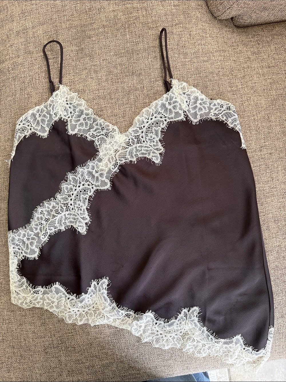 Lace-Trim Satin Slip Cami - Dark Brown with Cream Lace